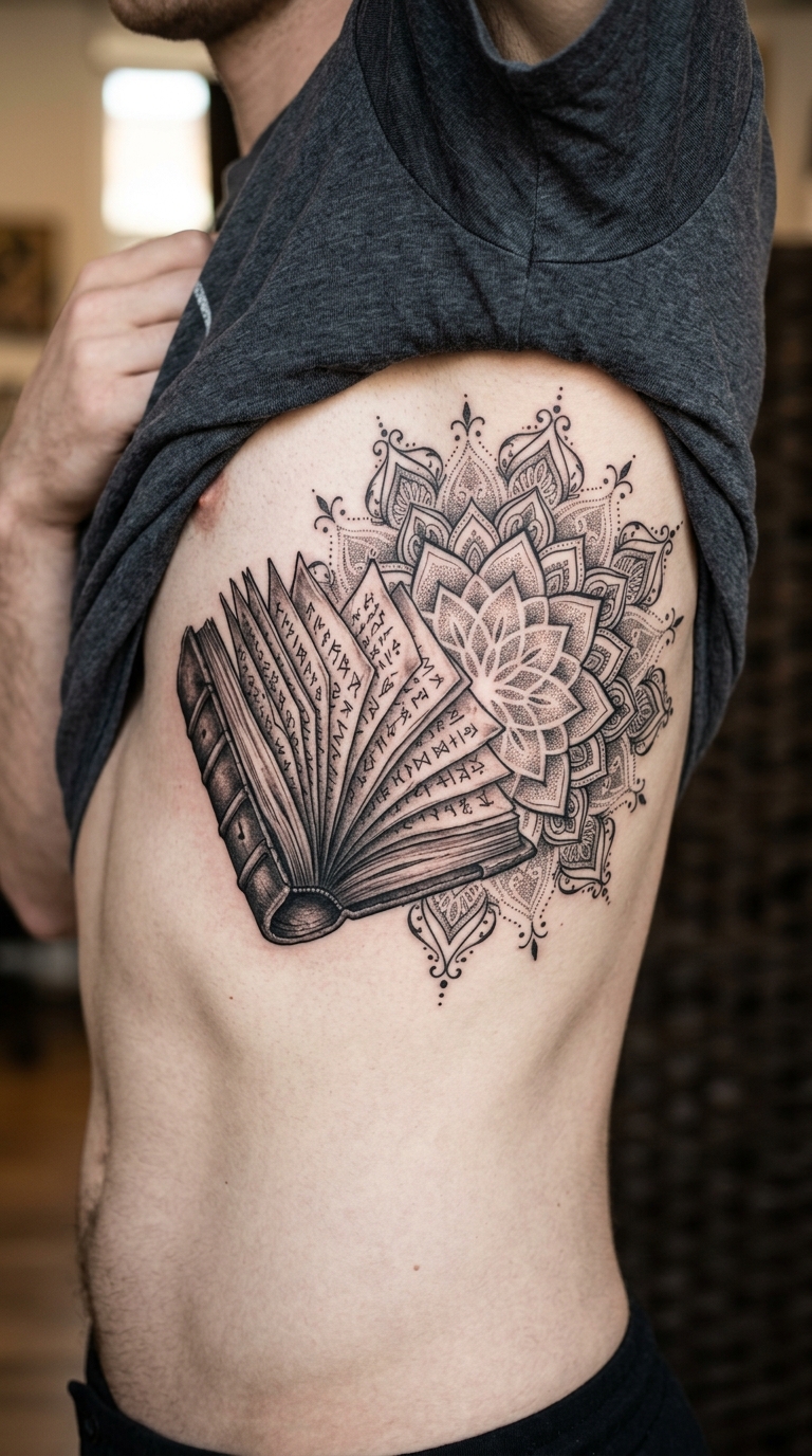 Altes Buch mit Runen als Mandala Tattoo Idee für die Rippen