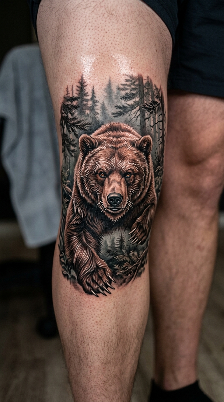 Bär im wilden Wald als 3D Tattoo für die Kniekehle