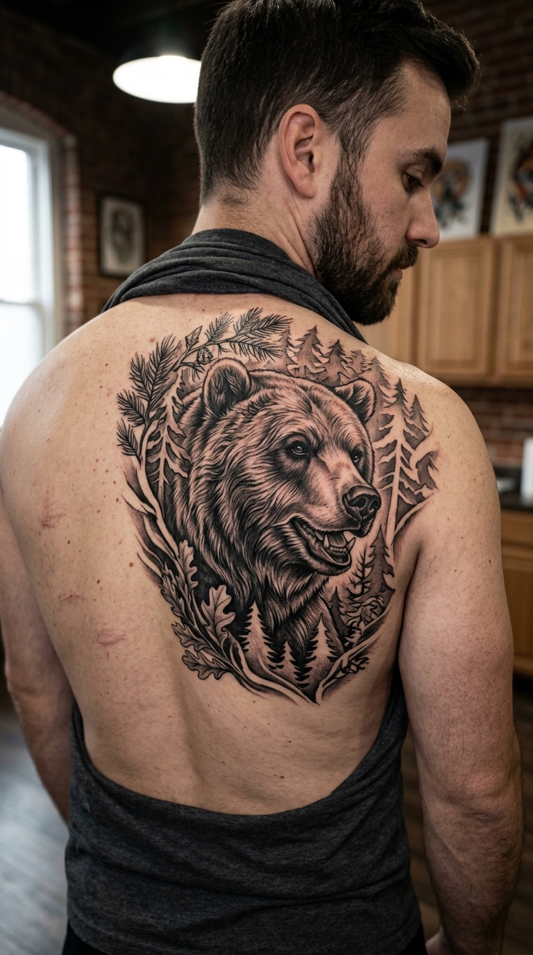 Bär in der Wildnis als 3D Tattoo für den Rücken