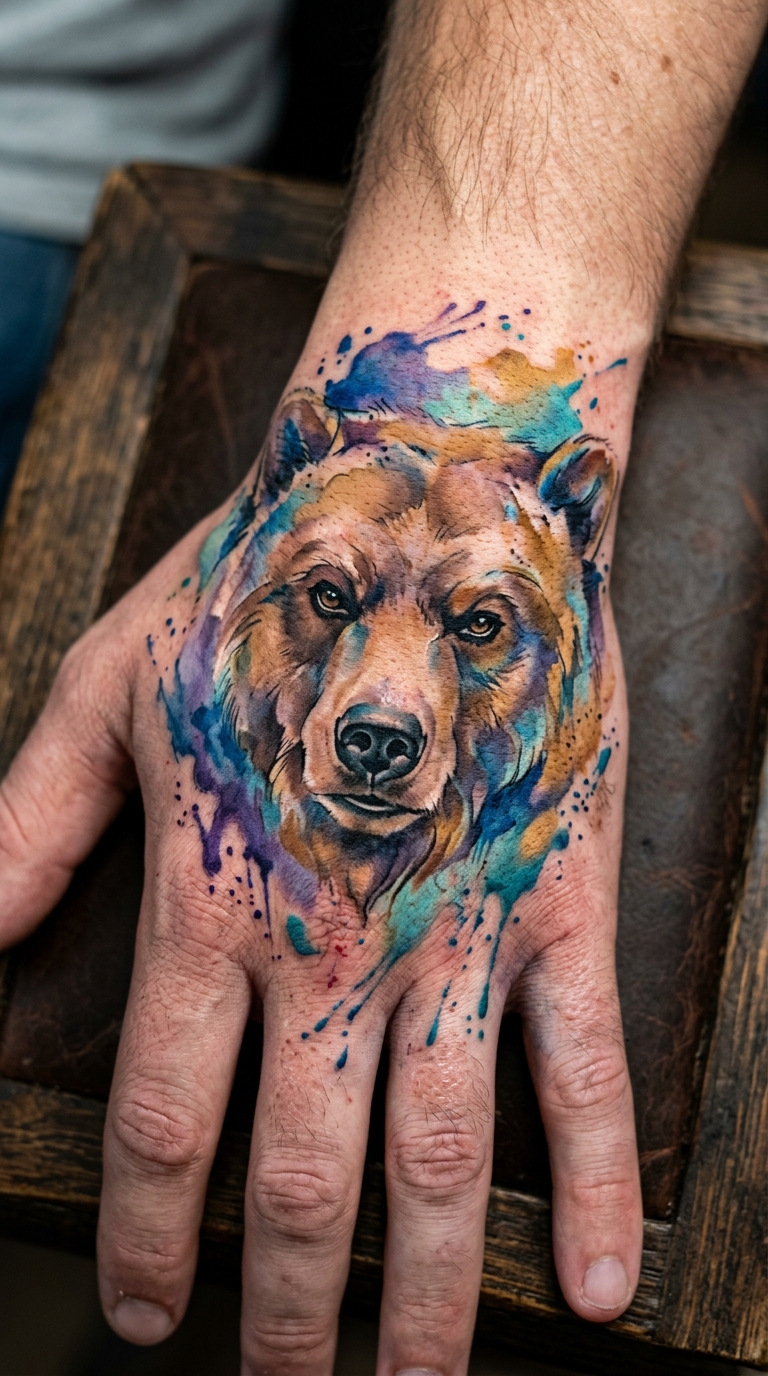 Bär Porträt als buntes Aquarell Tattoo für die Hand