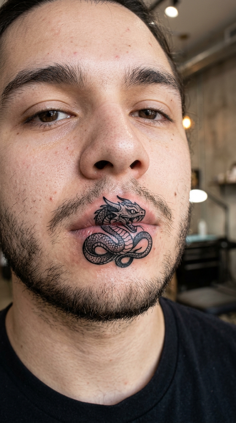 Basilisk als Blackwork Tattoo für die Unterlippe