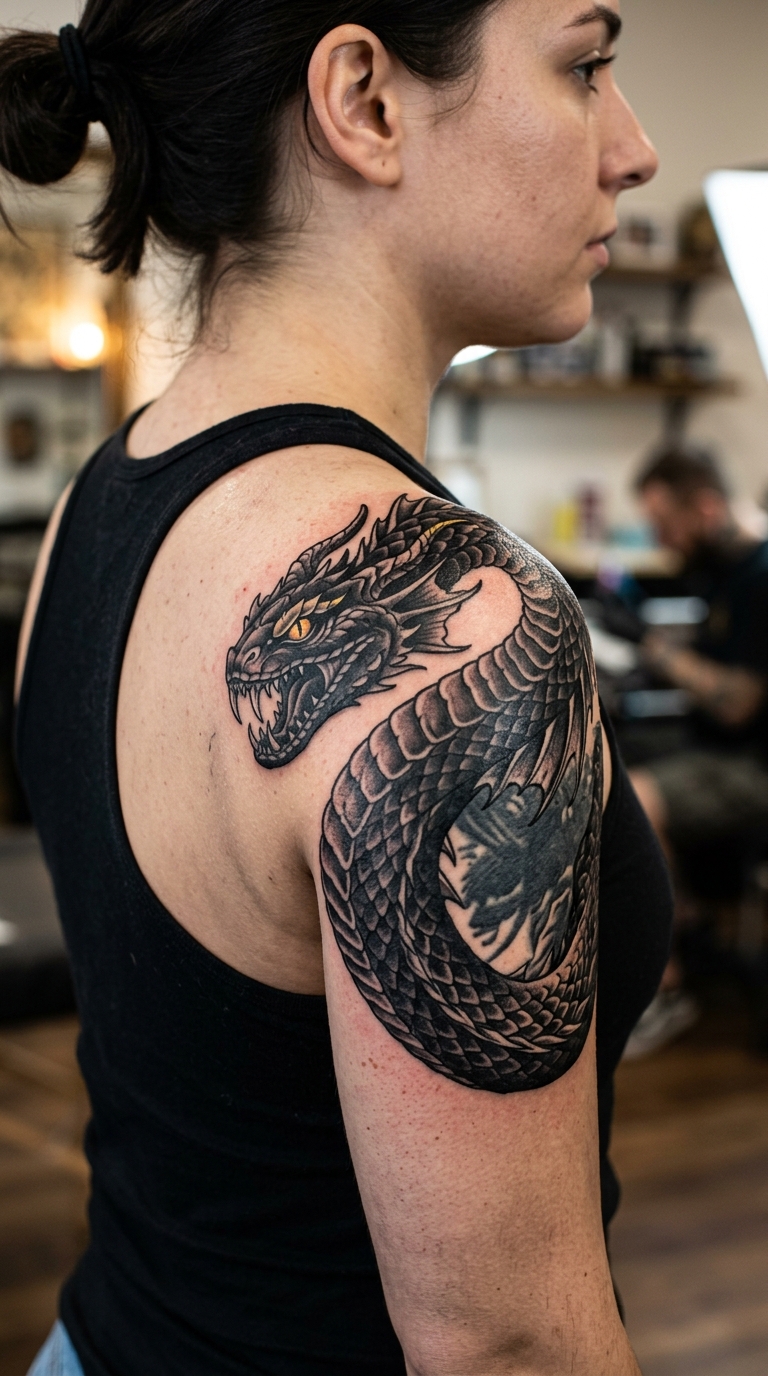 Basilisk als geschicktes Cover up Tattoo für die Schulter