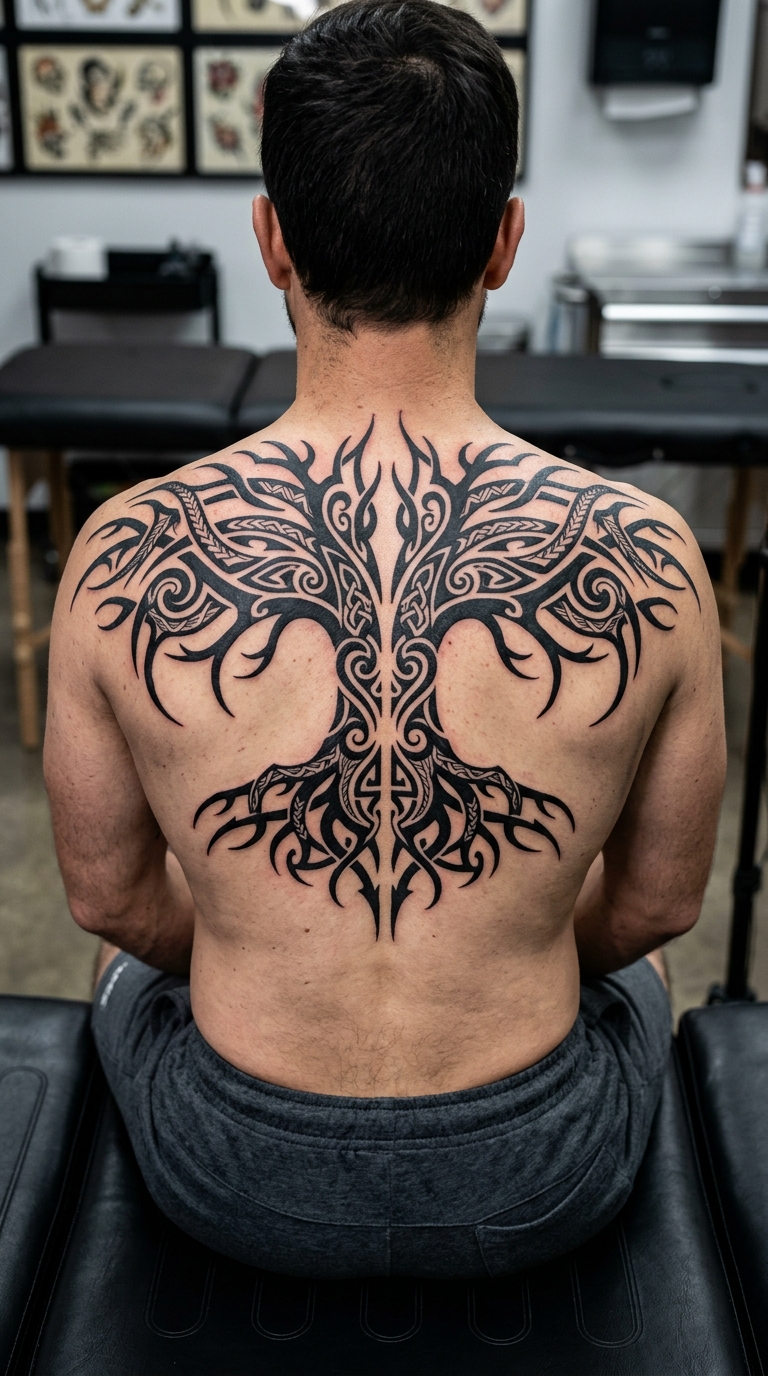 Baumwurzeln als Tribal Tattoo für den Rücken
