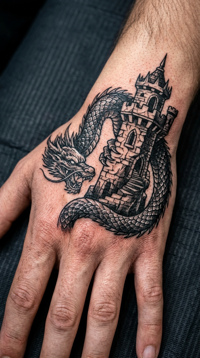 Blackwork Tattoo Idee mit Drache und Turm auf der Hand