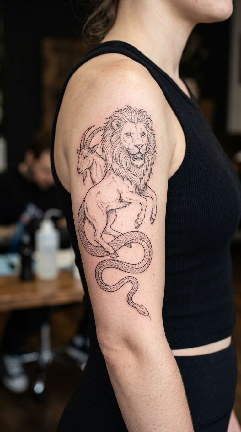 Chimäre als feines Fineline Tattoo auf dem Oberarm