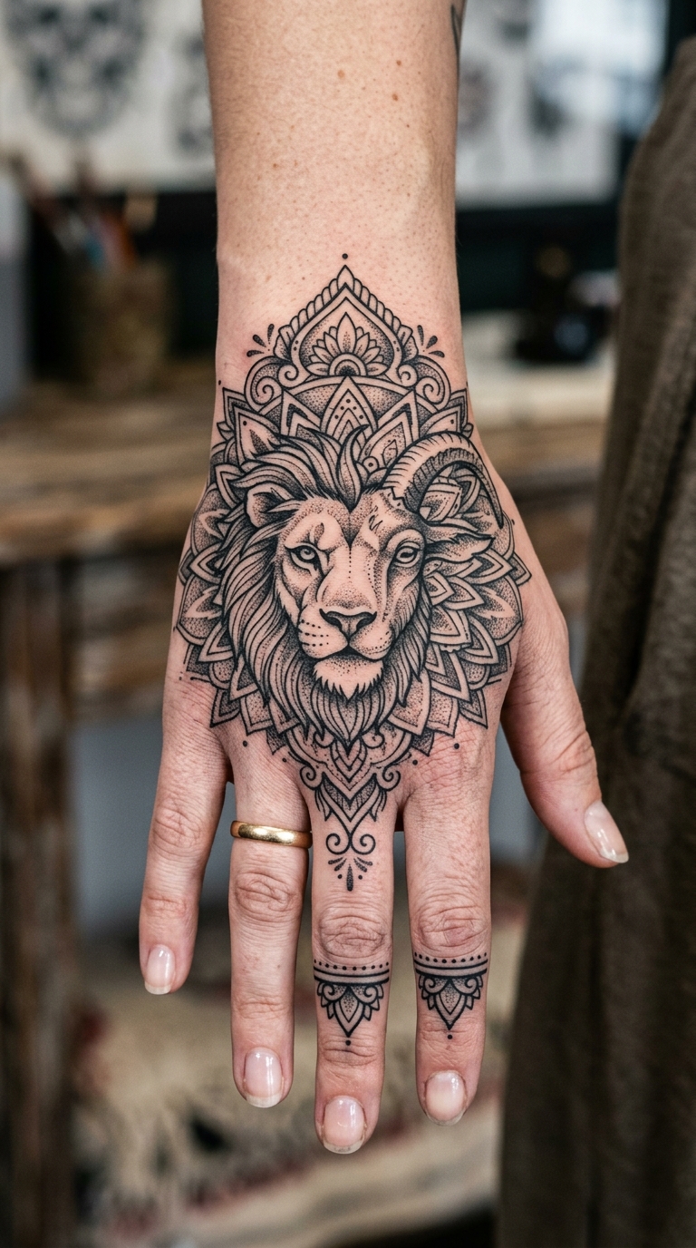Chimäre als Mandala Tattoo Idee für die Hand