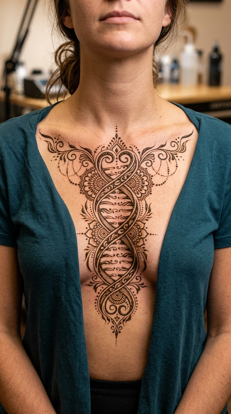 DNA Strang als Henna Tattoo für Brust & Oberkörper