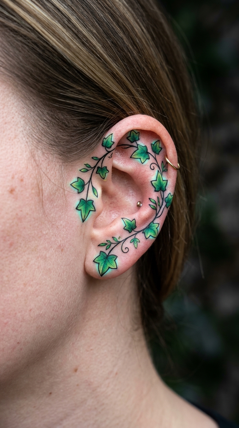 Efeuranke als Anime Tattoo für das Ohr