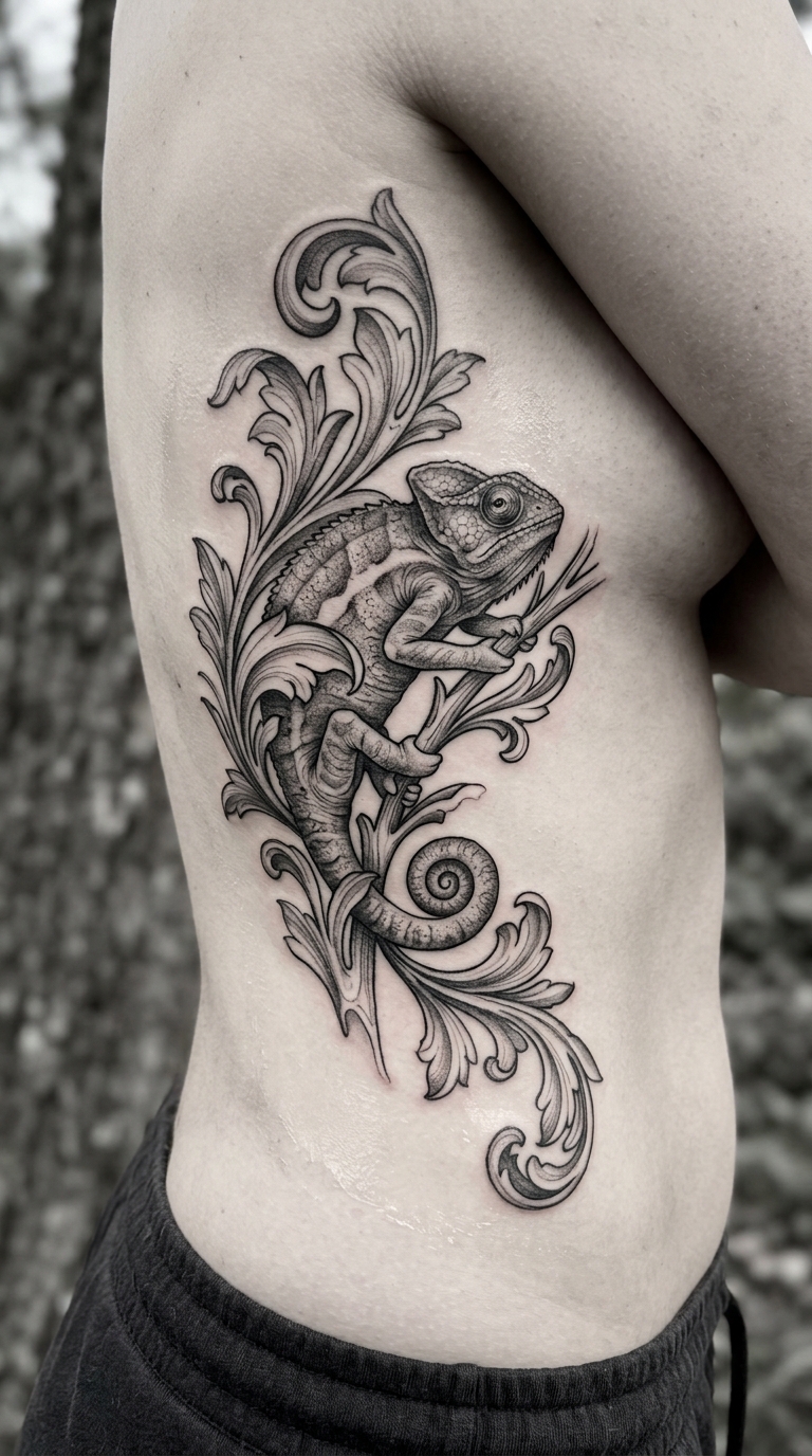 Elegantes Chamäleon mit Akanthusblättern Tattoo Idee für die Rippen