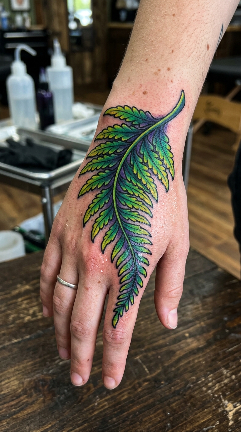 Farnwedel als Oldschool und Newschool Tattoo auf der Hand