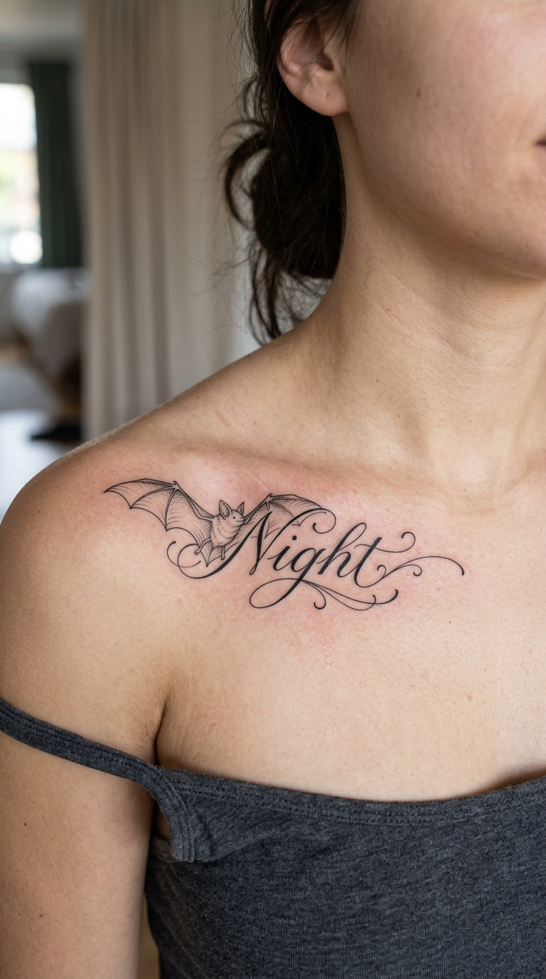 Fledermaus als geschwungenes Schrift Tattoo Idee für das Schlüsselbein