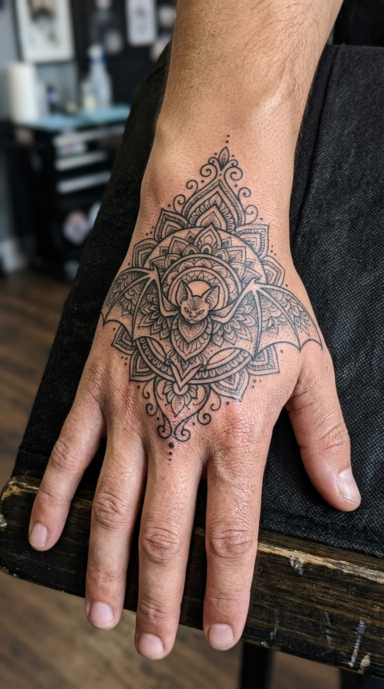 Fledermaus mit feinen Mustern als Mandala Tattoo für die Hand