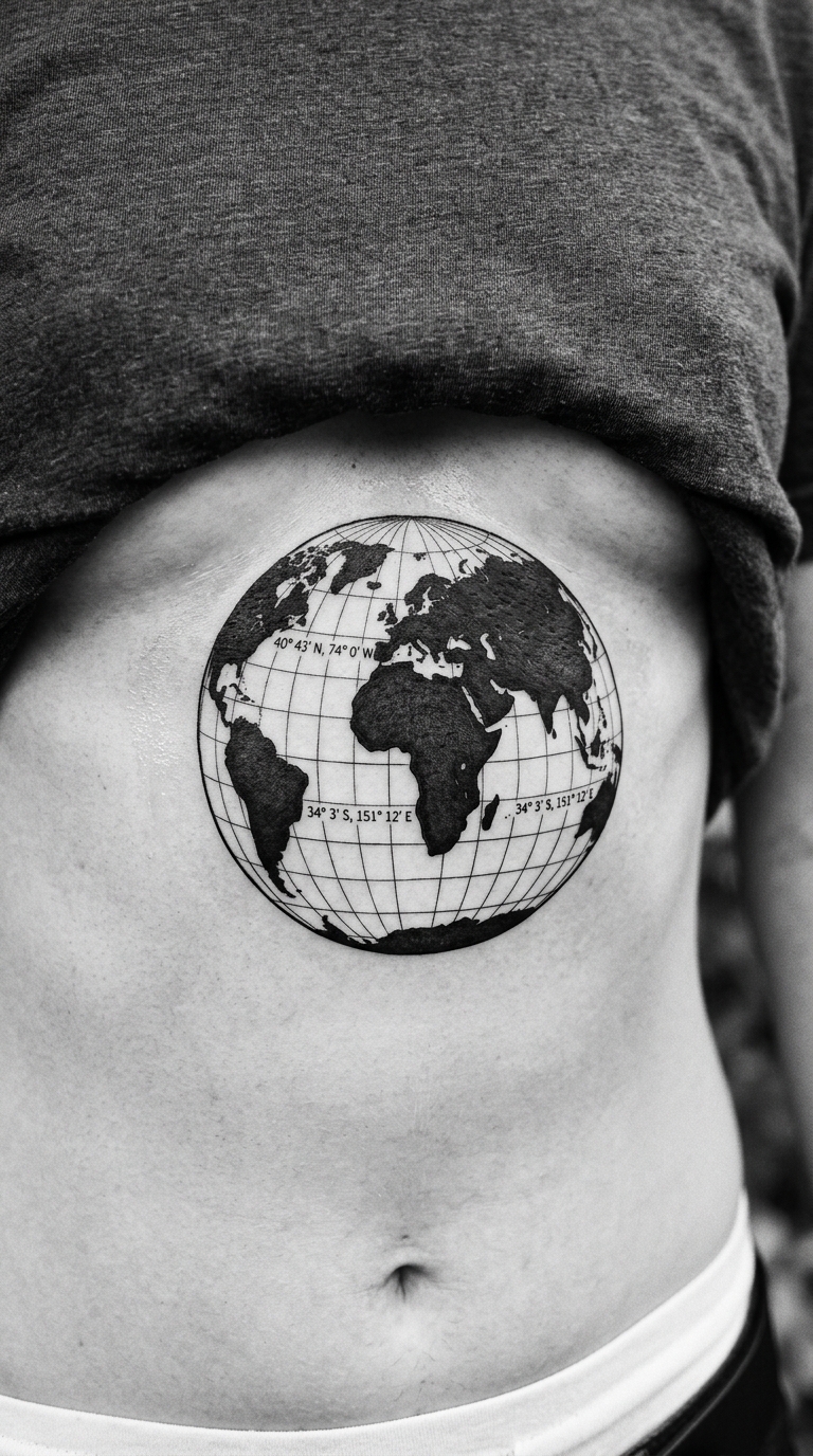 Globus mit Koordinaten als Blackwork Tattoo auf dem Bauch