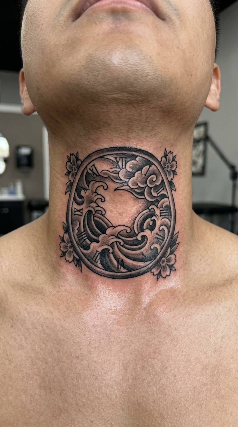 Japanisch anmutende Uhr ohne Zeiger als Tattoo Idee für den Hals