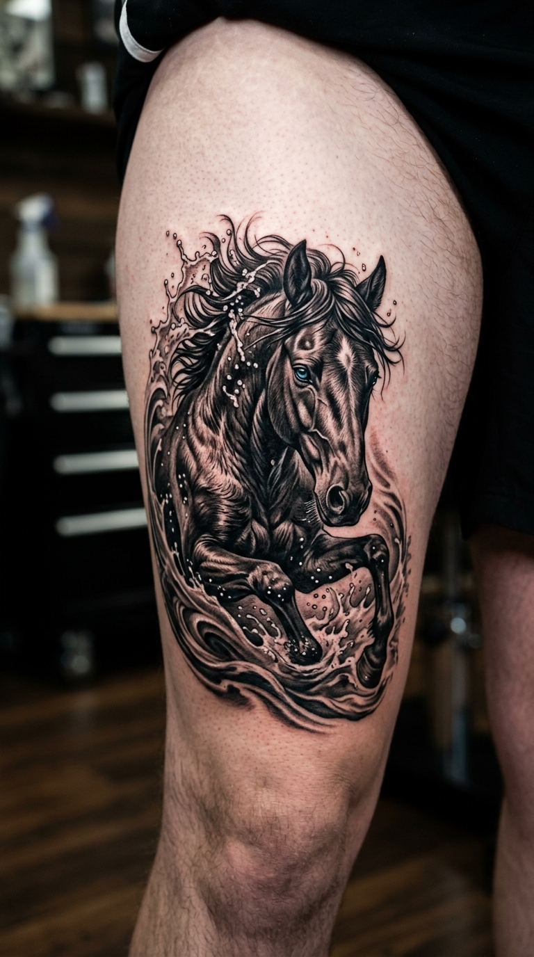 Kelpie im Wasser als Realistic Tattoo für den Oberschenkel