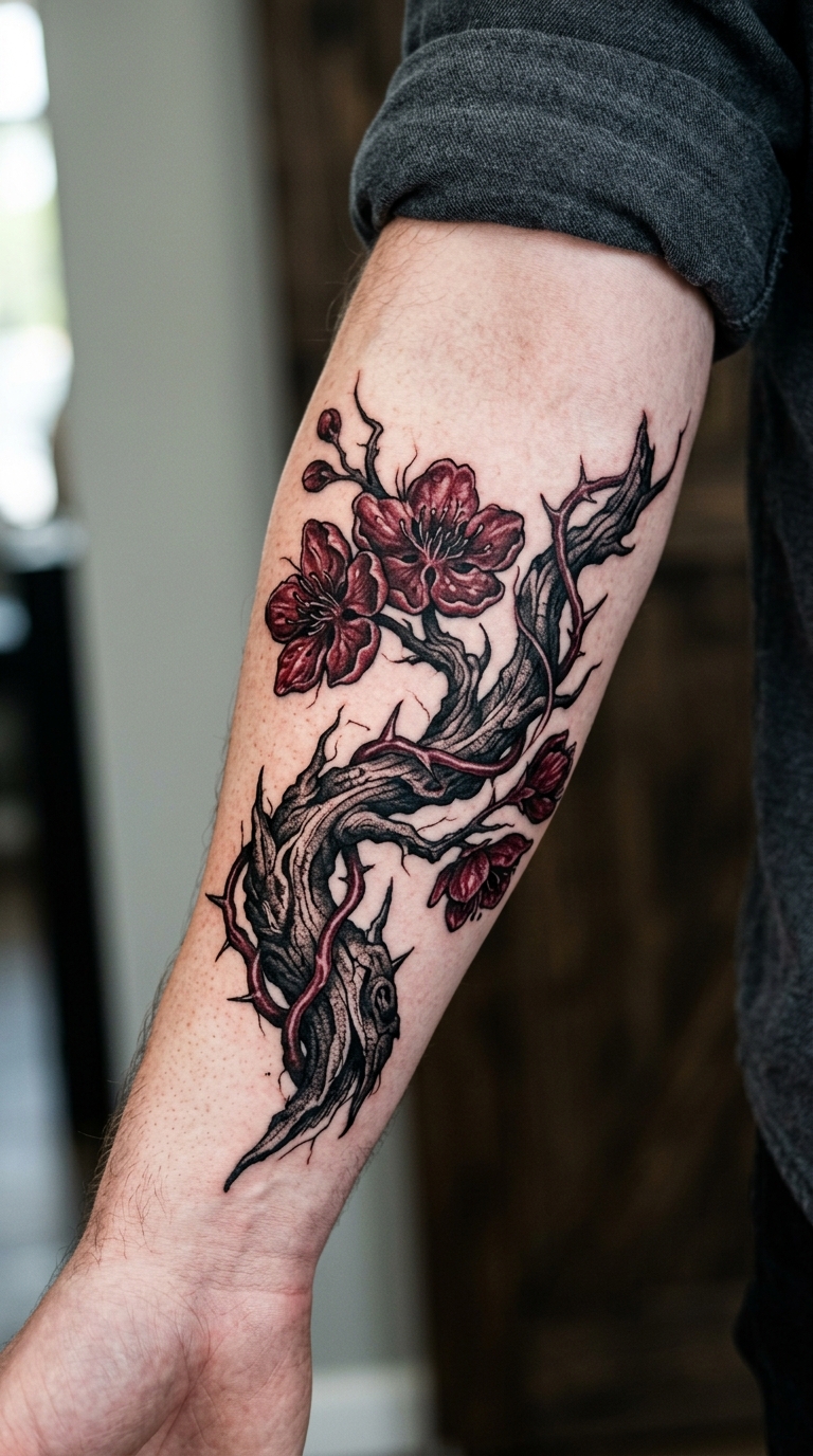 Kirschblütenzweig als Horror Tattoo auf dem Arm