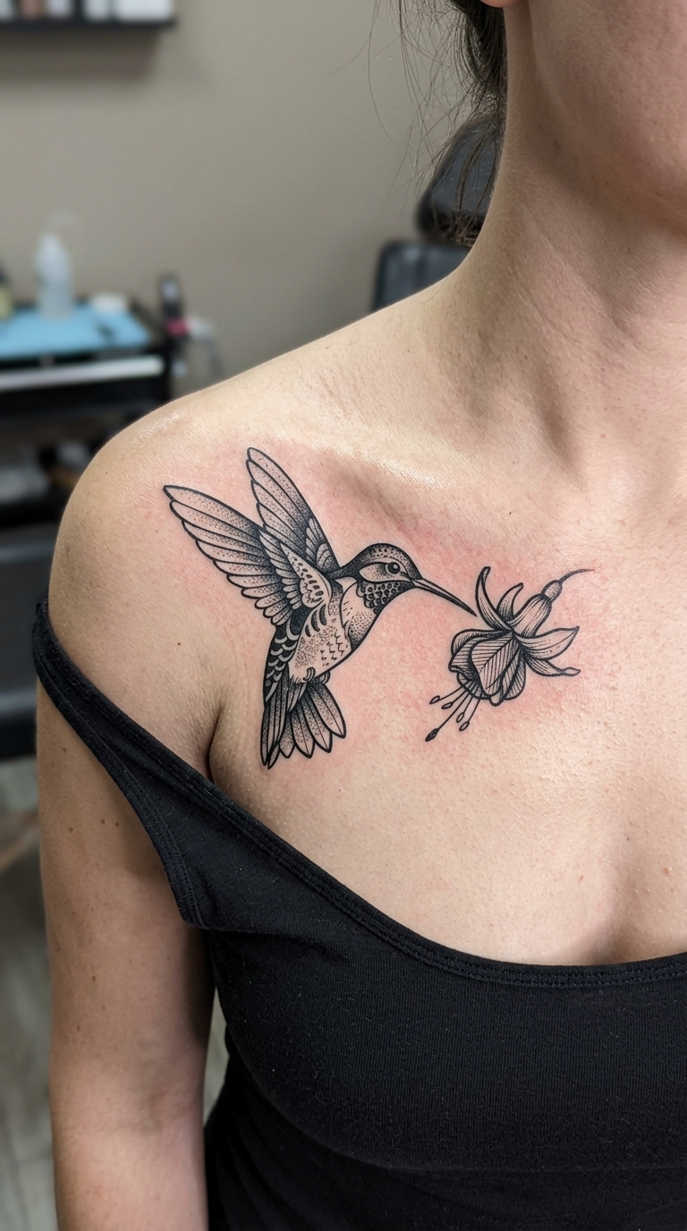 Kolibri und Blüte als Blackwork Tattoo für Brust & Oberkörper