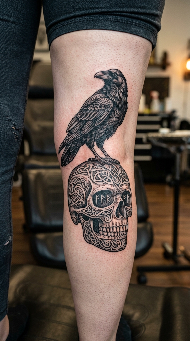 Krähe auf Schädel als Wikinger und Celtic Tattoo für die Kniekehle