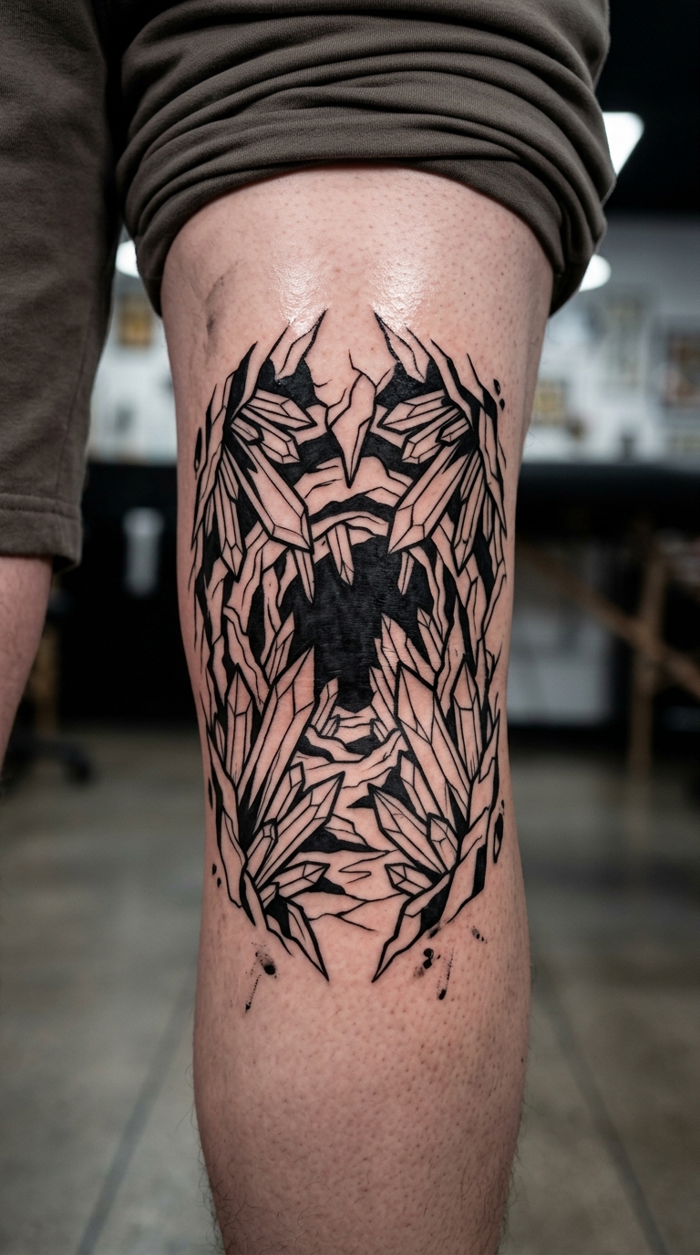 Kristallhöhle als Blackwork Tattoo für die Kniekehle