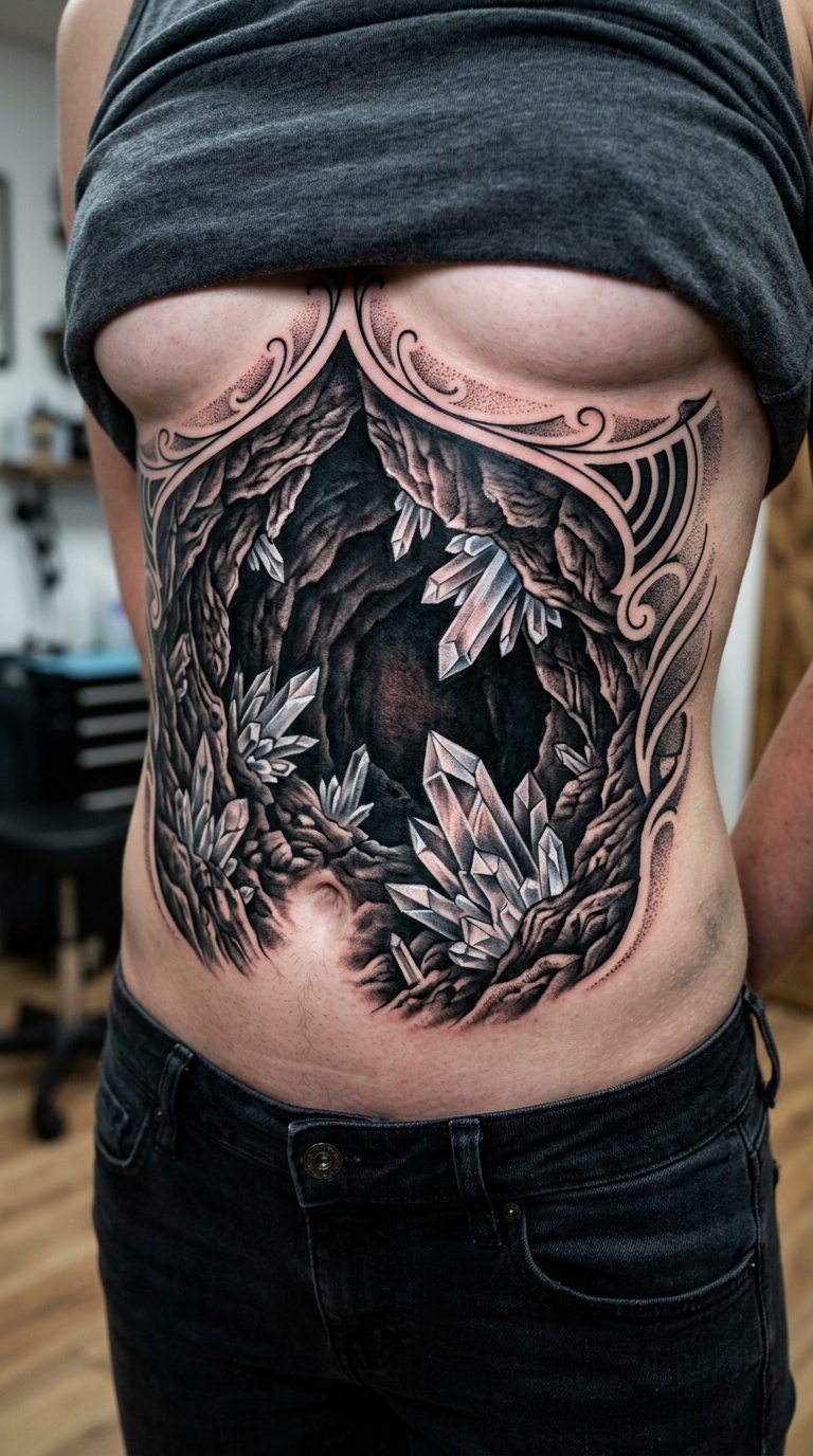Kristallhöhle als dekoratives Cover up Tattoo für den Bauch
