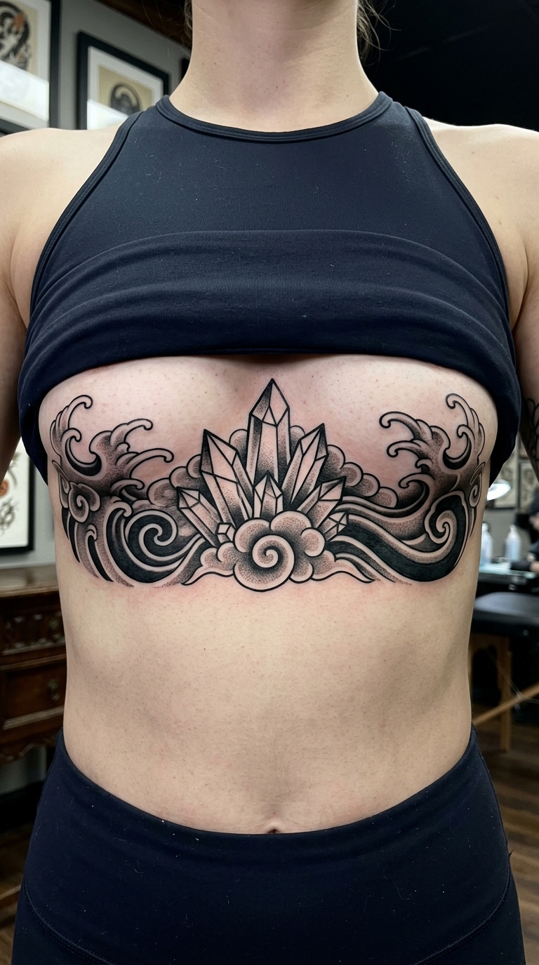 Kristallhöhle als japanisches Tattoo für den Underboob