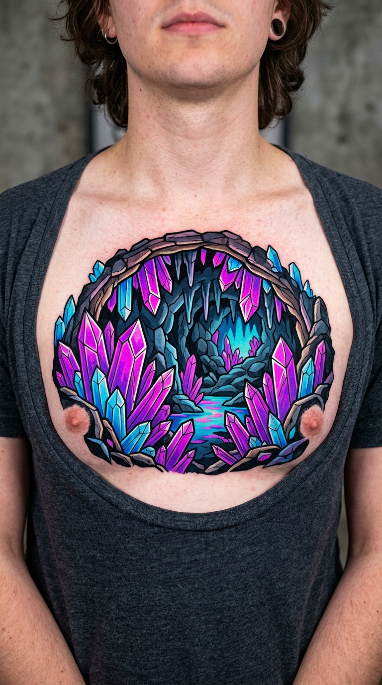 Kristallhöhle Tattoo Idee für Brust & Oberkörper