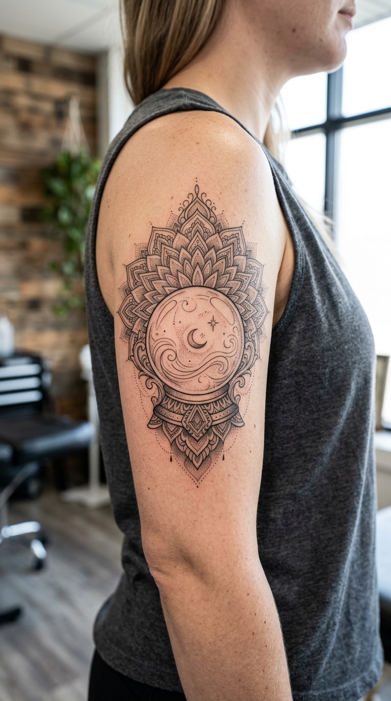 Kristallkugel mit feinen Linien Mandala Tattoo Idee für den Oberarm