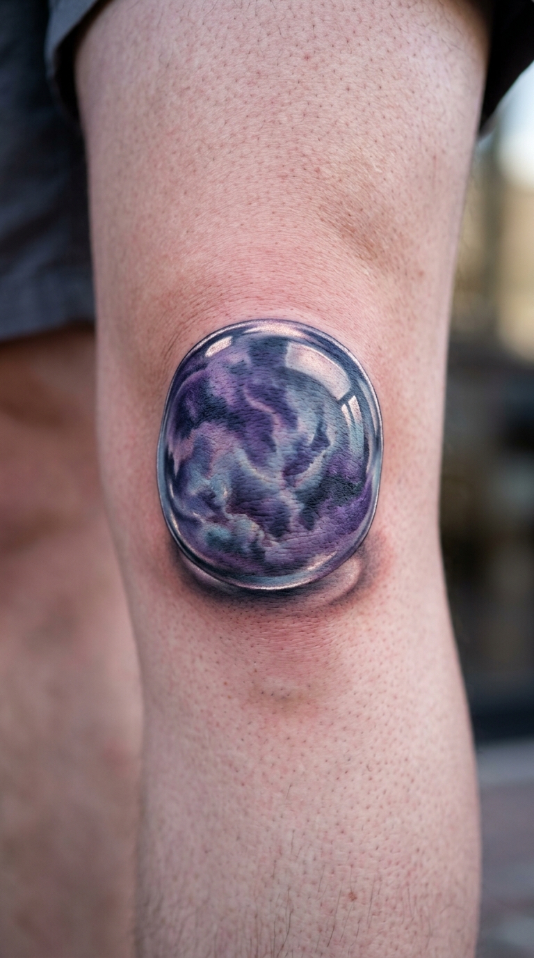 Kristallkugel Tattoo Idee für die Kniekehle in 3D Optik