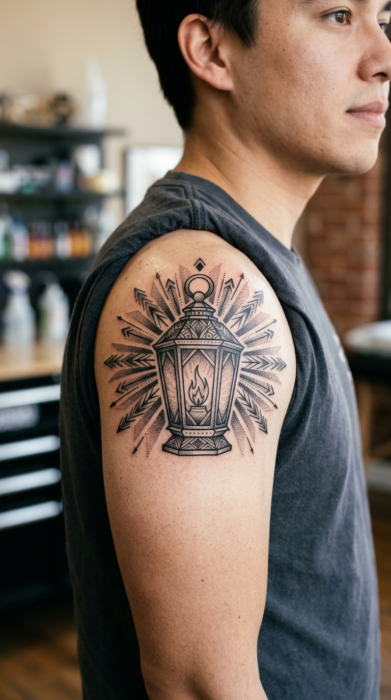 Laterne mit geometrischen Strahlen als Tattoo für die Schulter