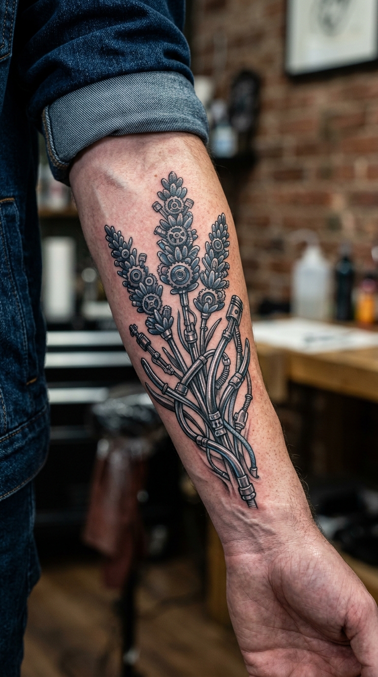 Lavendel als mechanische Tattoo Idee für den Unterarm
