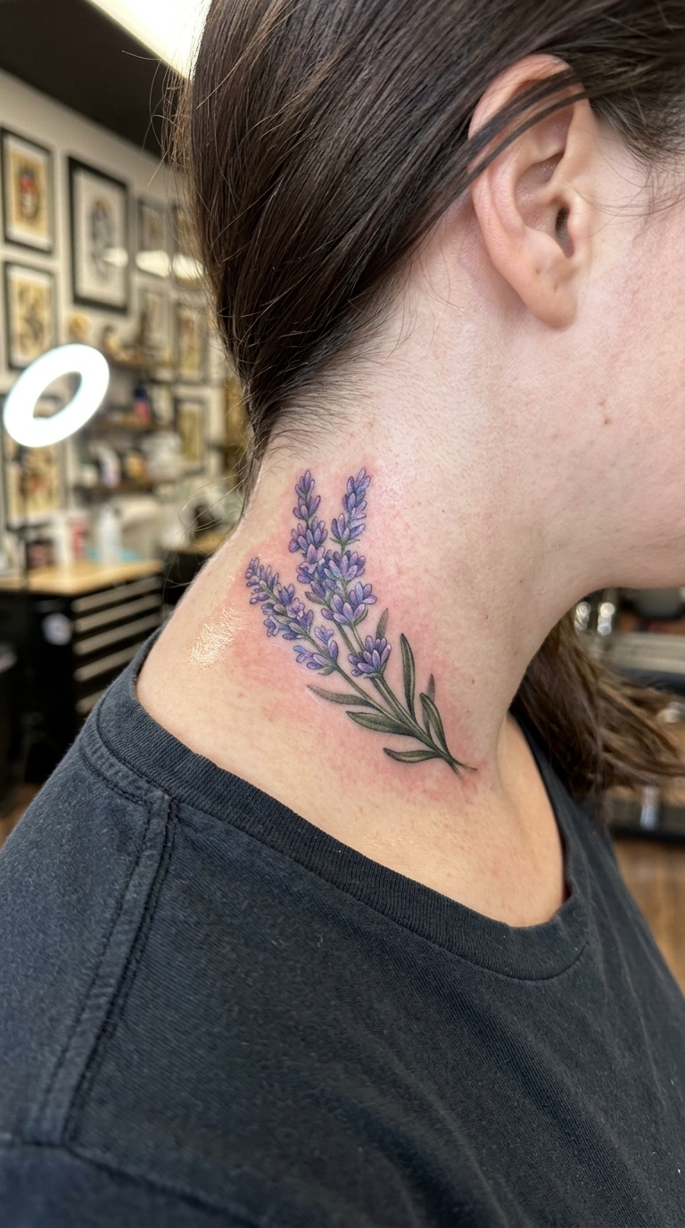 Lavendel als realistisches Tattoo für den Nacken