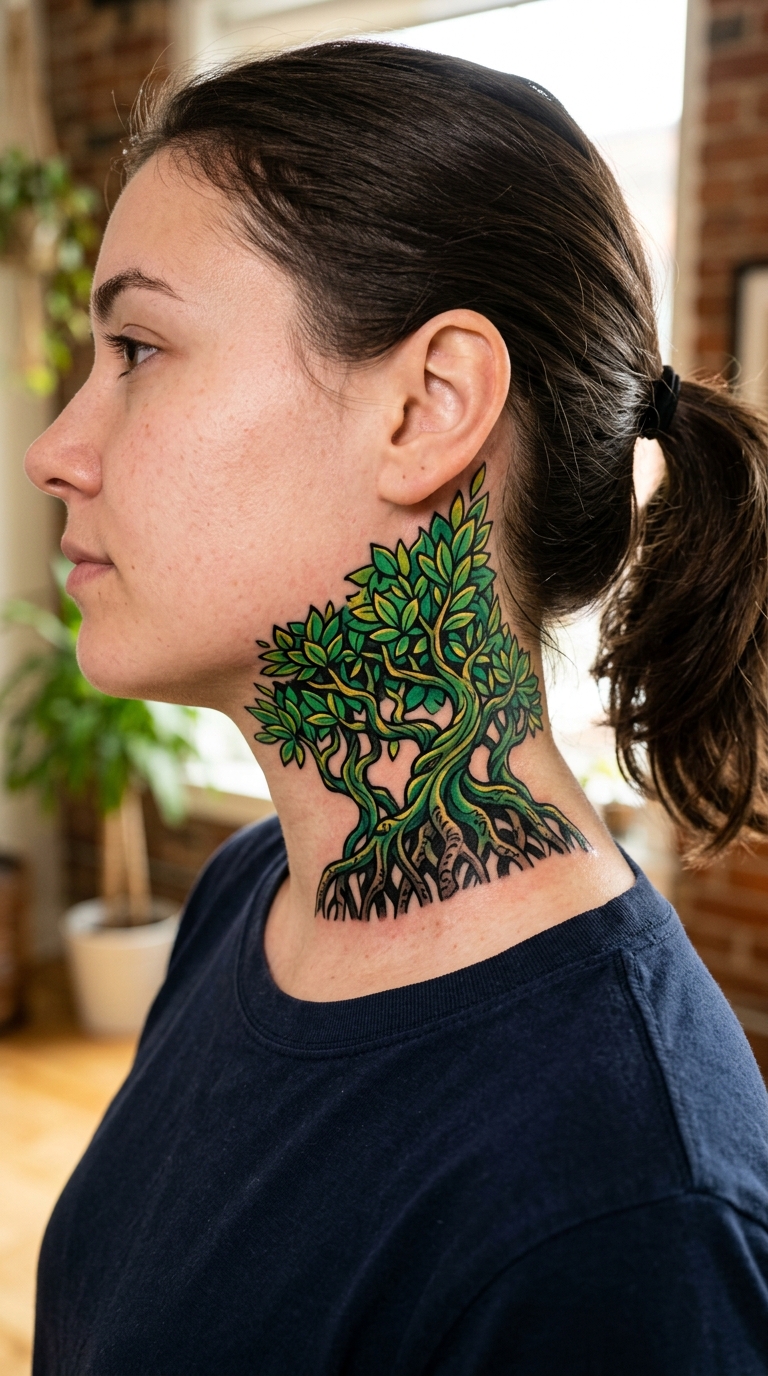 Mangrovenwald als buntes Comic Tattoo für den Hals