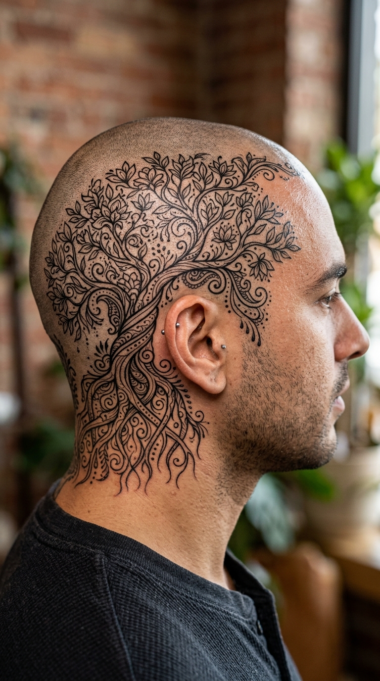 Mangrovenwald als filigranes Henna Tattoo für den Kopf