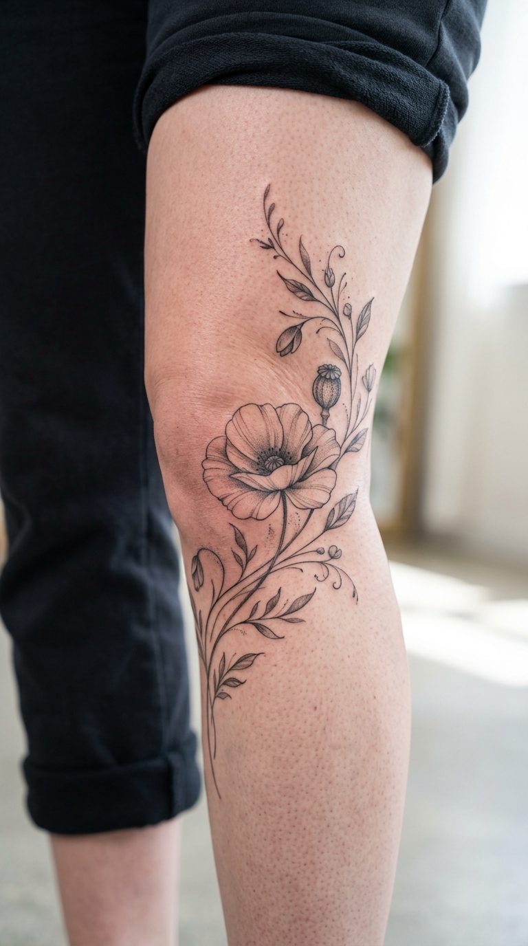 Mohnblume als filigranes florales Tattoo für die Kniekehle
