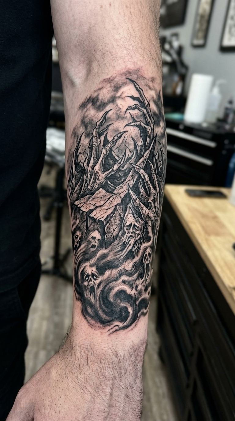 Nebelverhangene Bergspitzen als Horror Tattoo für den Unterarm