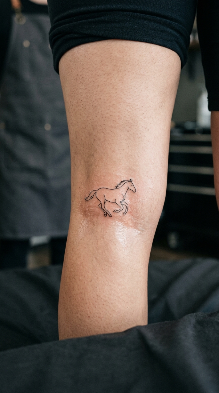 Pferd in Bewegung als minimalistisches Tattoo für die Kniekehle