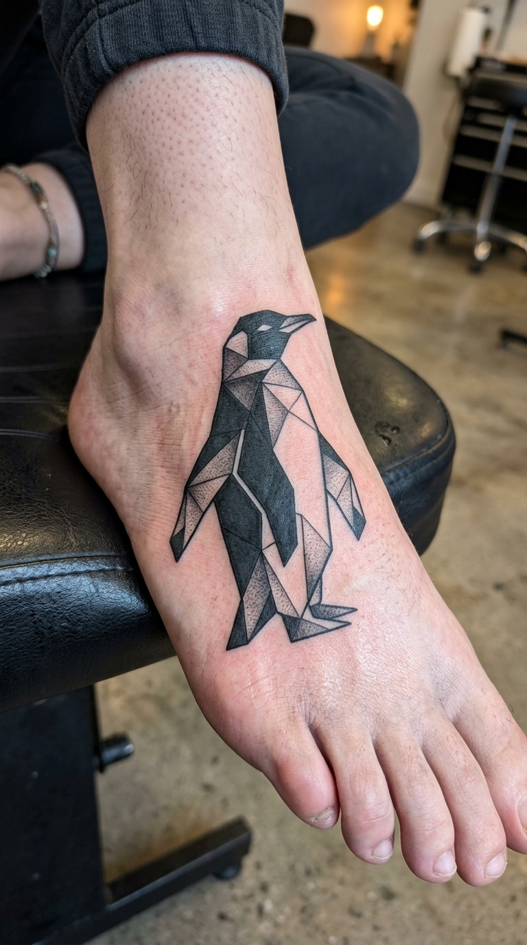 Pinguin als geometrisches Tattoo für den Fuß