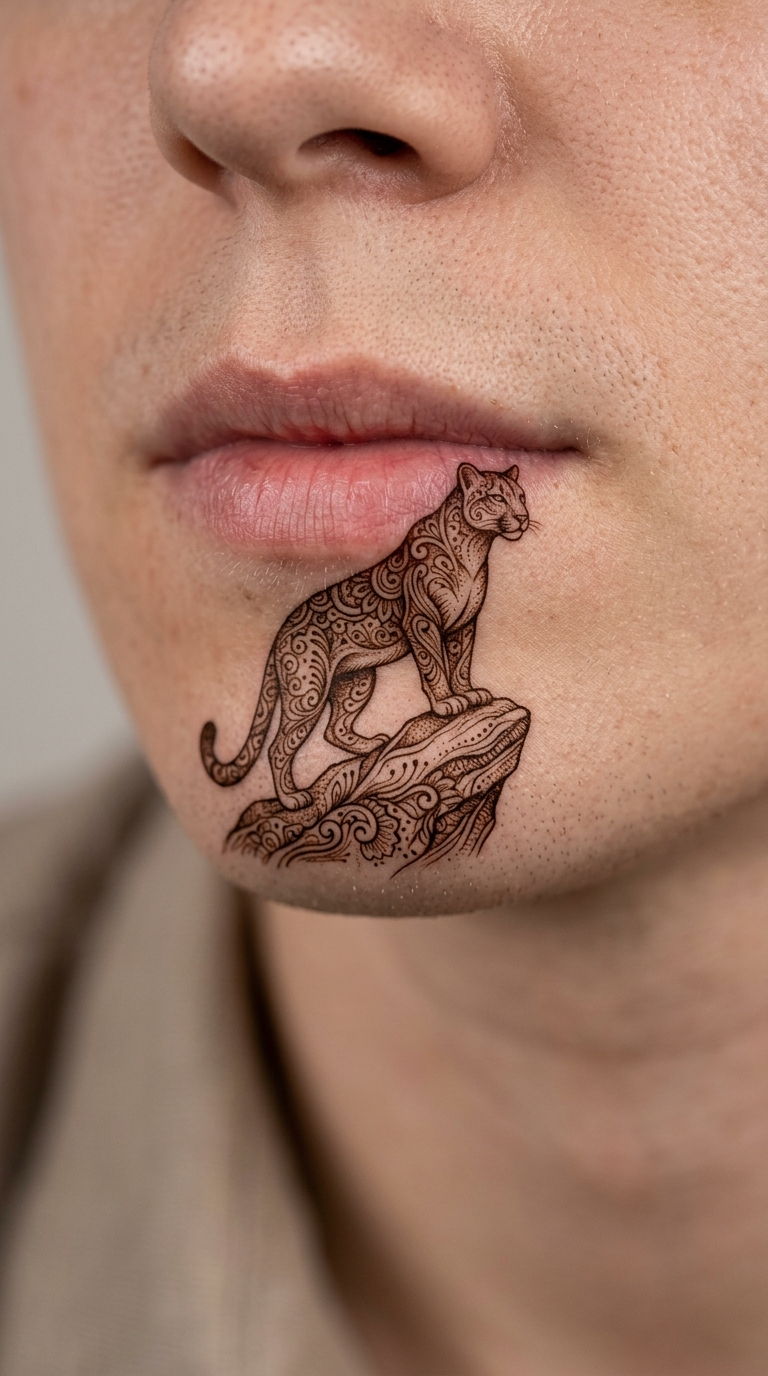 Puma auf Fels als Henna Tattoo Idee für die Unterlippe