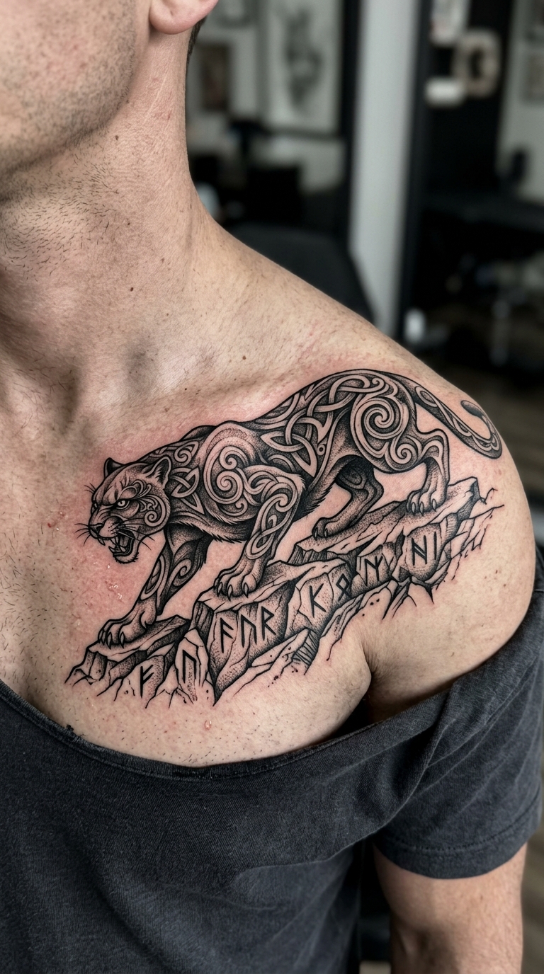 Puma Motiv als Wikinger und Celtic Tattoo für das Schlüsselbein