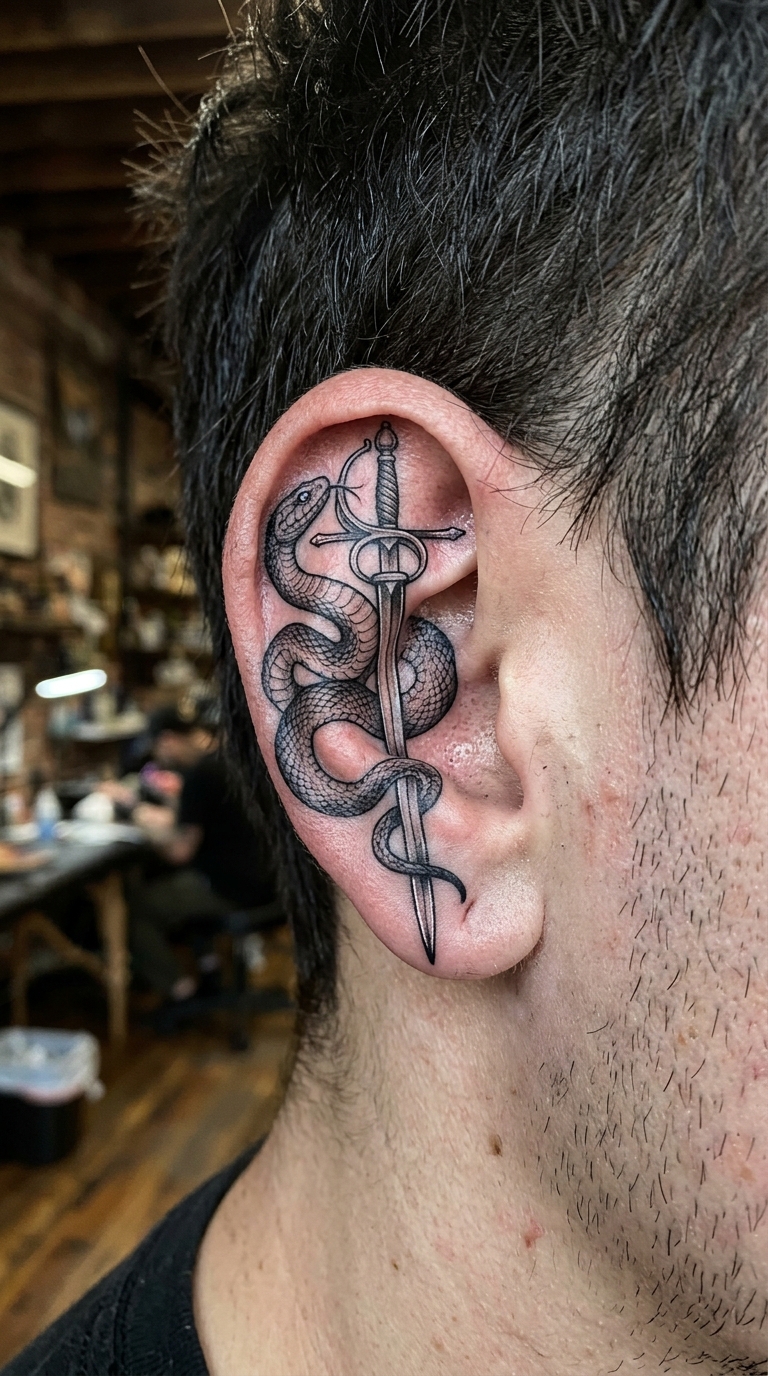 Schlange mit Degen Tattoo Vorlage für das Ohr