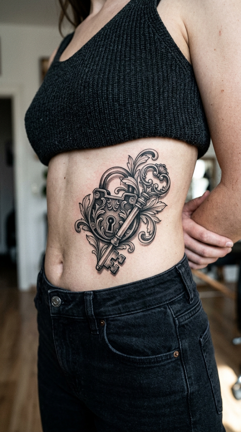 Schlüssel mit Schloss als Realistic Tattoo Idee für den Bauch