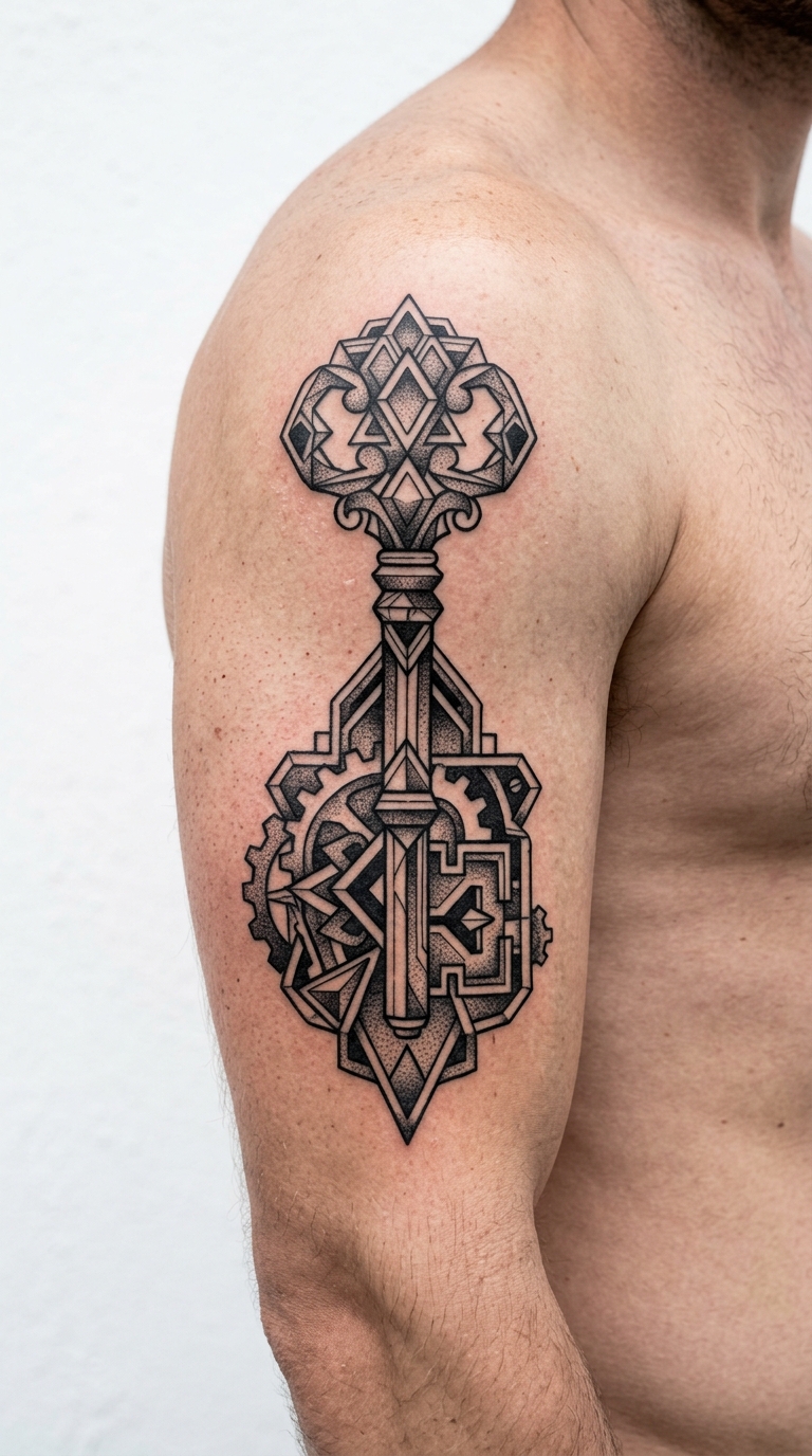Schlüssel und Schloss als geometrische Tattoo Vorlage für den Oberarm