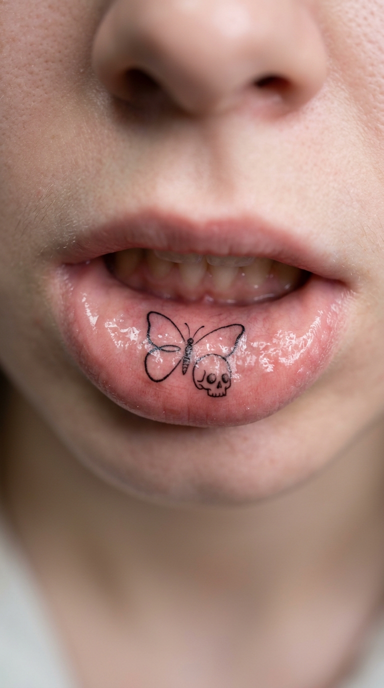 Schmetterling und Totenschädel Tattoo Idee für die Unterlippe
