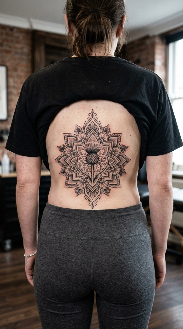 Schottische Distel als Mandala Tattoo Idee für das Steißbein