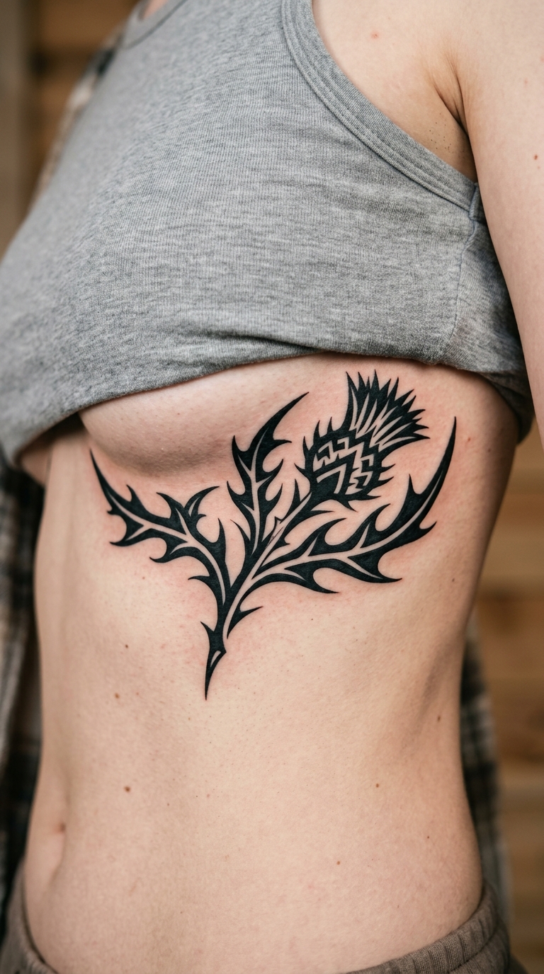 Schottische Distel als Tribal Tattoo für das Underboob