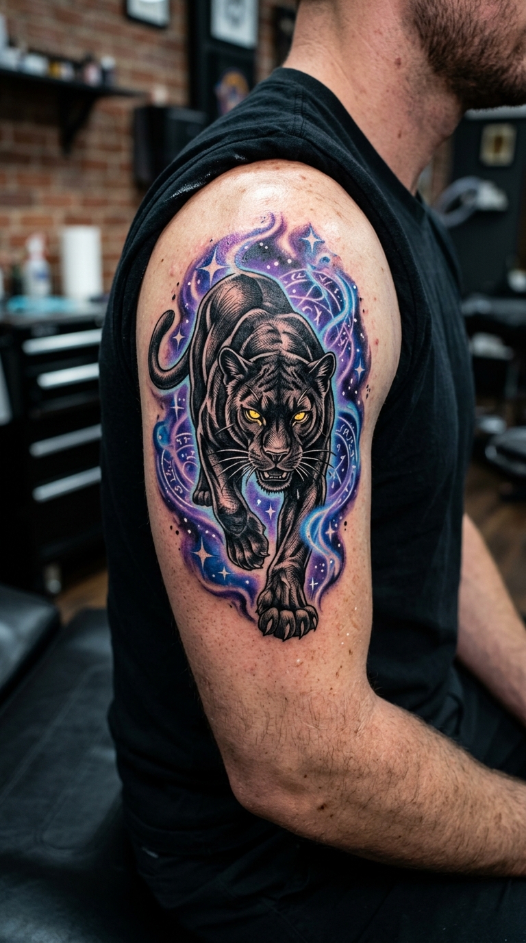 Schwarzer Panther als mystisches Fantasy Tattoo für den Oberarm