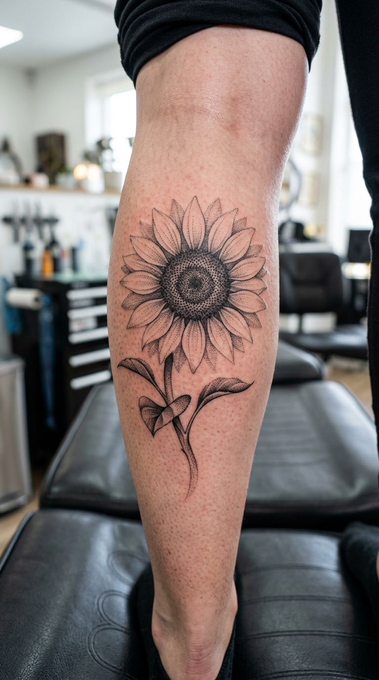 Sonnenblume als Dotwork Tattoo Idee für das Bein
