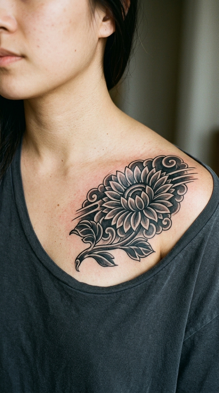 Sonnenblume als japanisch gestaltetes Tattoo für das Schlüsselbein