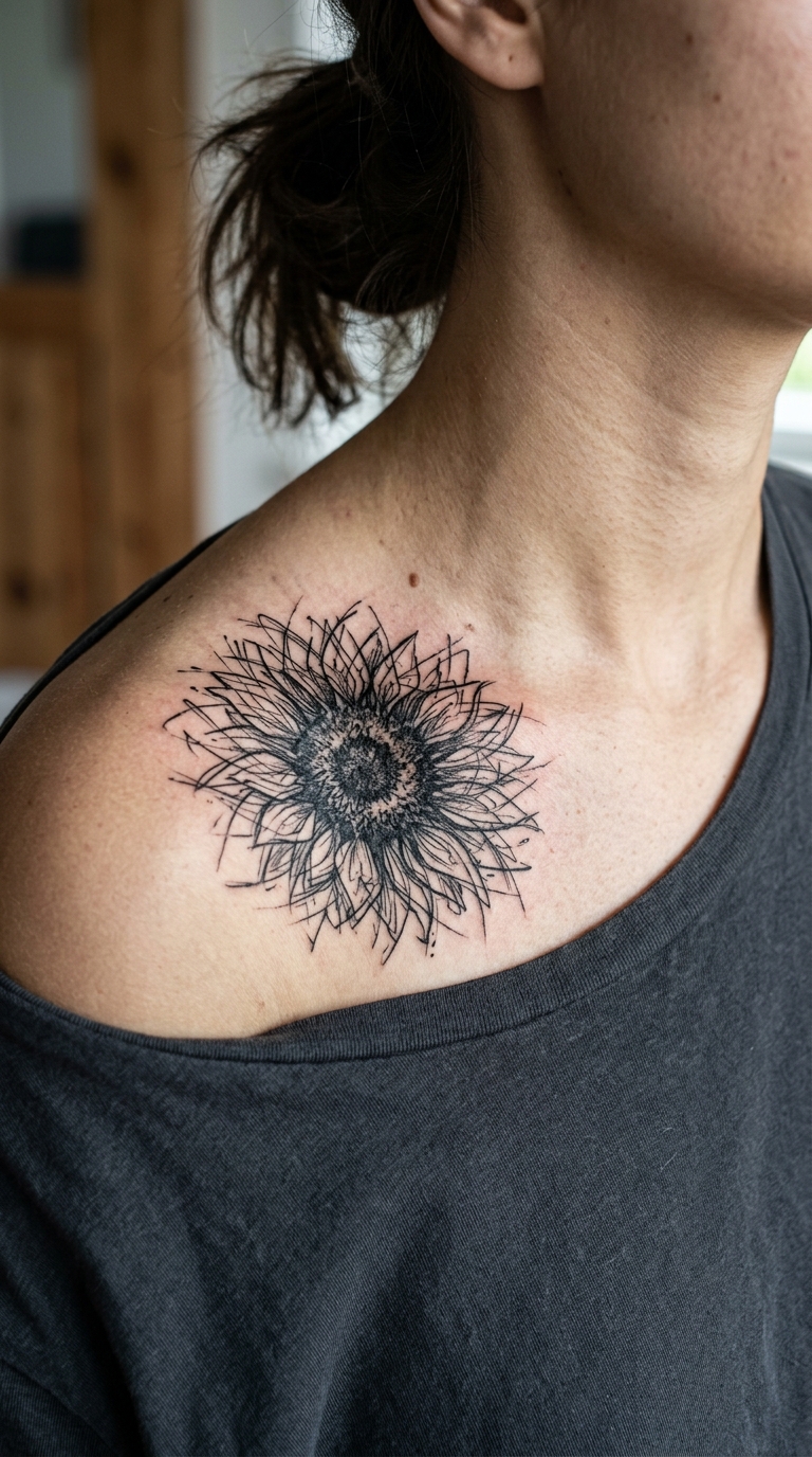 Sonnenblume als kreuz und quer Tattoo für das Schlüsselbein