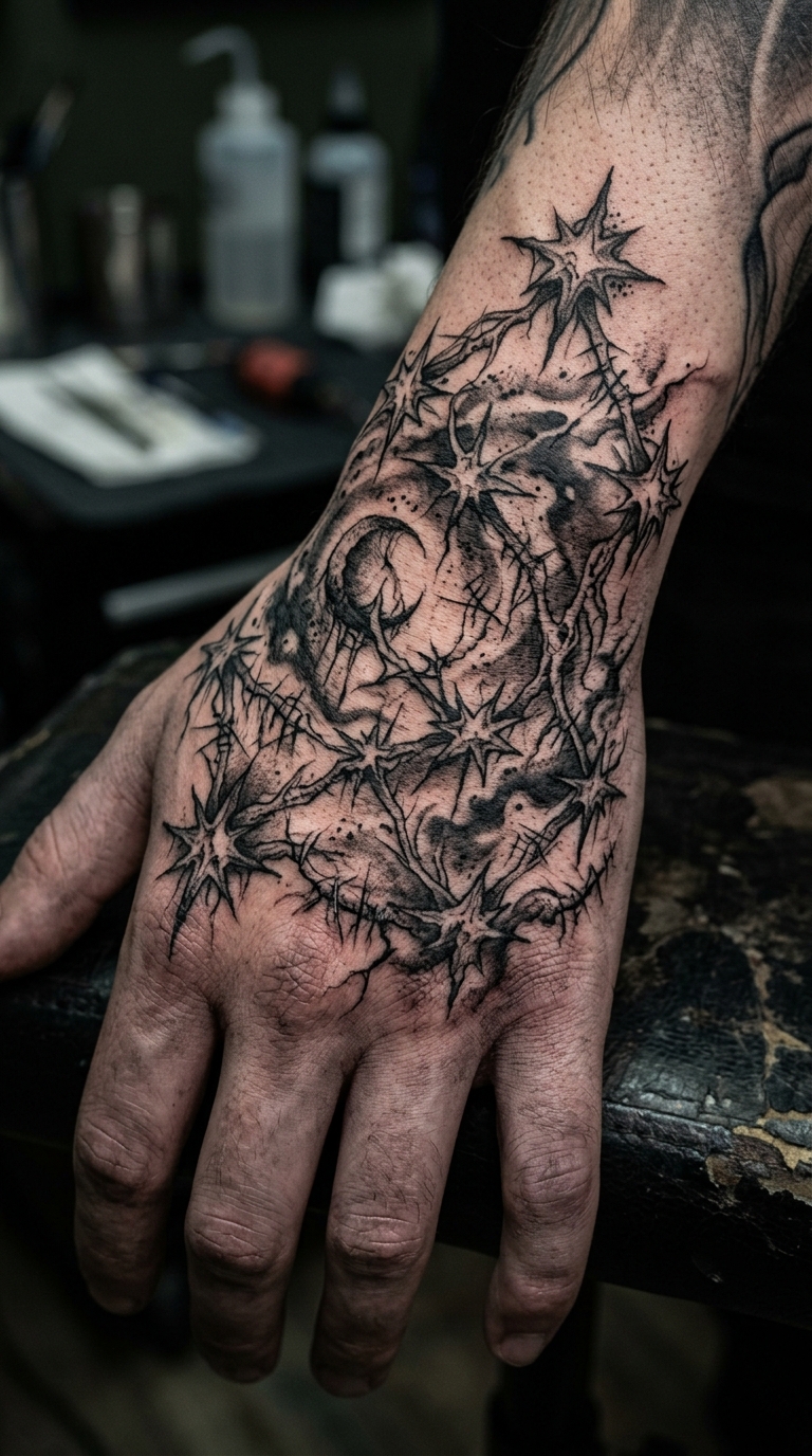 Sternenkarte als düsteres Horror Tattoo für die Hand